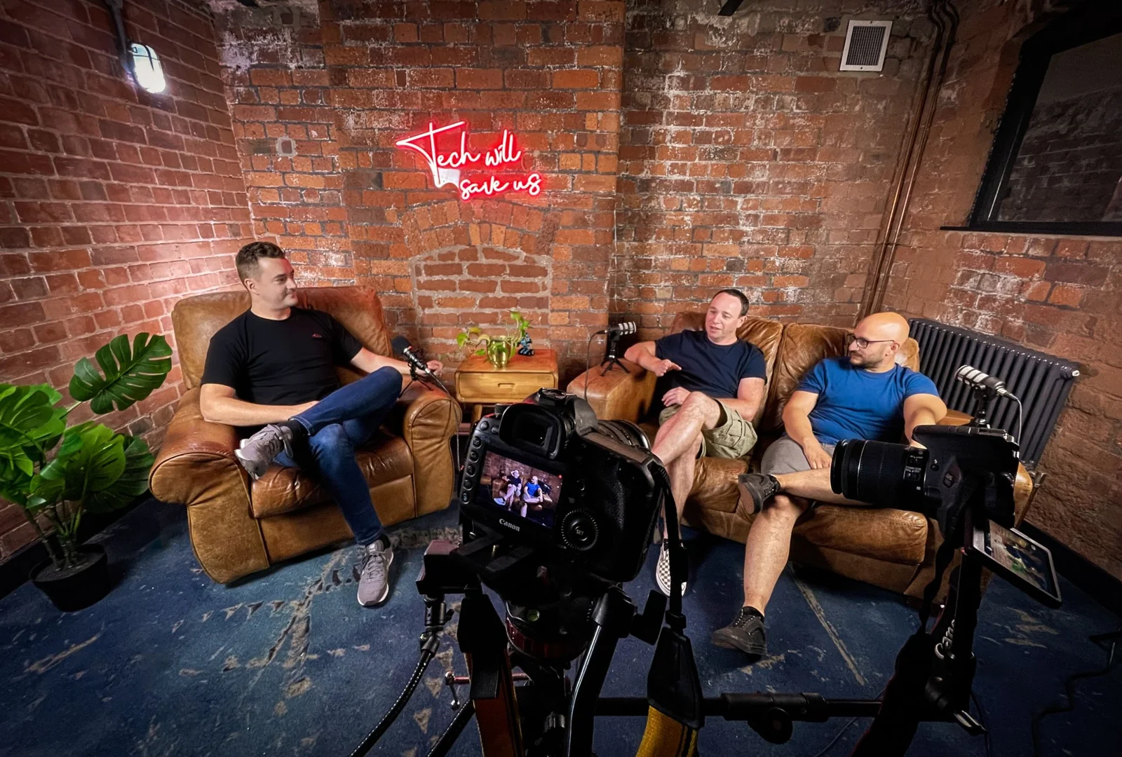 Behind the scenes of Tech Will Save Us, with Callum Minton, Jamie Hinton and Danny Tomalin in the podcast studio.